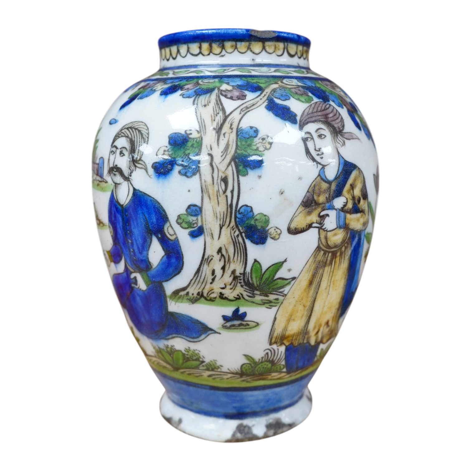 A Persian fritware vase, Qajar dynasty, 22cm. Condition - poor to fair